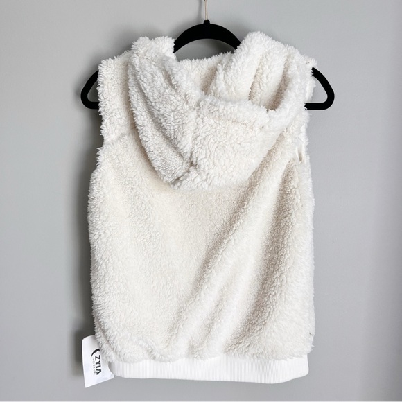 2/25 zyia Active Cream Hooded Teddy Vest Sherpa Hoodie Zip Up NEW activewear - Picture 3 of 8